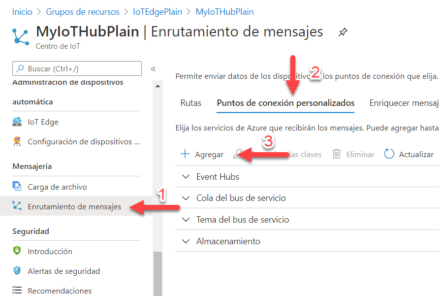 La imagen señala con flechas y números los pasos. El primer paso es pulsar sobre el botón de enrutado de mensajes del menu lateral izquierdo. El segundo botón es la pestaña de "Puntos de xonexión personalizados". El tercer botón es el de agregar.