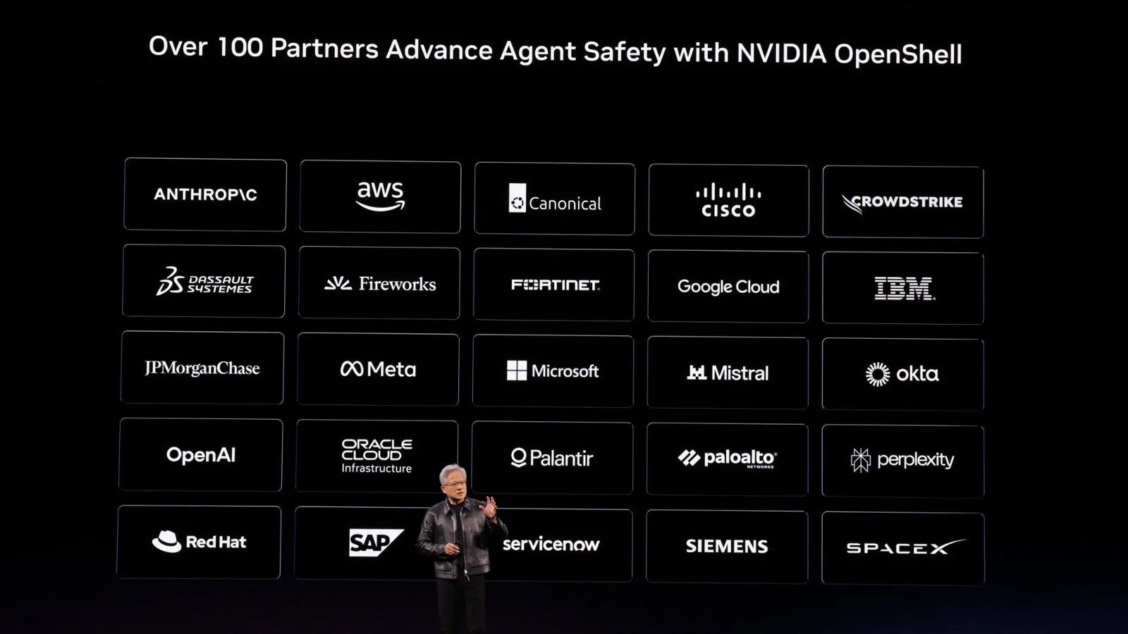 Jensen Huang delante de una pantalla con los logotipos de los socios de NVIDIA OpenShell para la seguridad de agentes